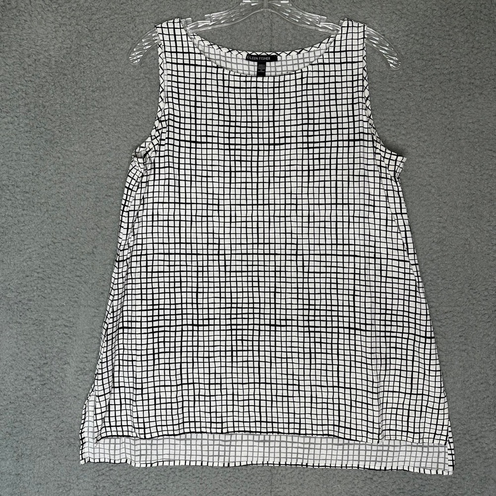 Eileen Fisher Womens Medium Black White Windowpane Grid Tencel Tank Top High Low
